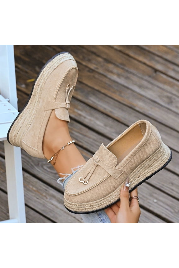 Trushoes Womens Vintage Espadrille Platform Slip On Loafers - Tassel Metal Accent Nylon Spandex Comfort Height-Boosting Khaki Shoes,Size 40