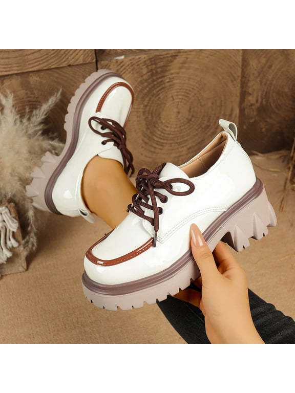 Womens White Platform Oxford Shoes - Retro Lace-Up Chunky Sole Footwear, Glossy PU Material with Color-Blocked Toe, Versatile Comfortable Style,Size 36