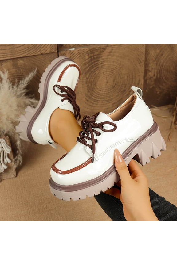 Womens White Platform Oxford Shoes - Retro Lace-Up Chunky Sole Footwear, Glossy PU Material with Color-Blocked Toe, Versatile Comfortable Style,Size 41
