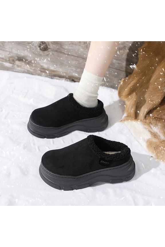 Womens Winter Chunky Platform Mule Slippers - Black Fuzzy Lined Non-Slip Flock Slip-On Warm Indoor Outdoor Slippers US 5.5-10.5,Size 40