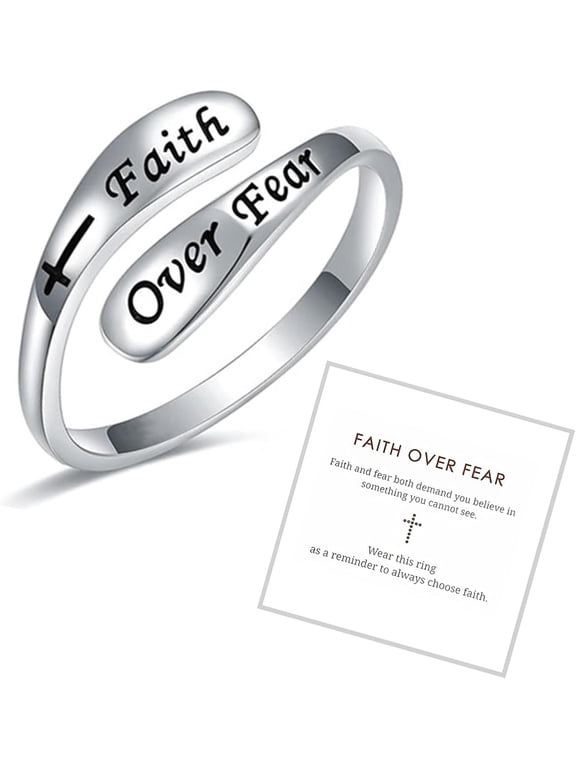 Trust God Cross Ring For Women, Silver Faith Over Fear Inspirational Rings Christian Adjustable Encouragement Thumb Jewelry To Daughter Granddaughter Gift