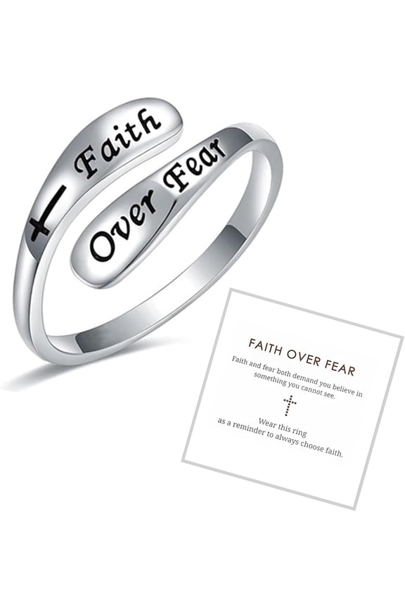Trust God Cross Ring For Women, Silver Faith Over Fear Inspirational Rings Christian Adjustable Encouragement Thumb Jewelry To Daughter Granddaughter Gift