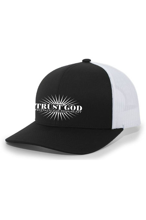 Trust God Not Government Christian Mens Hat Embroidered Mesh Back Trucker Baseball Cap, Black/White