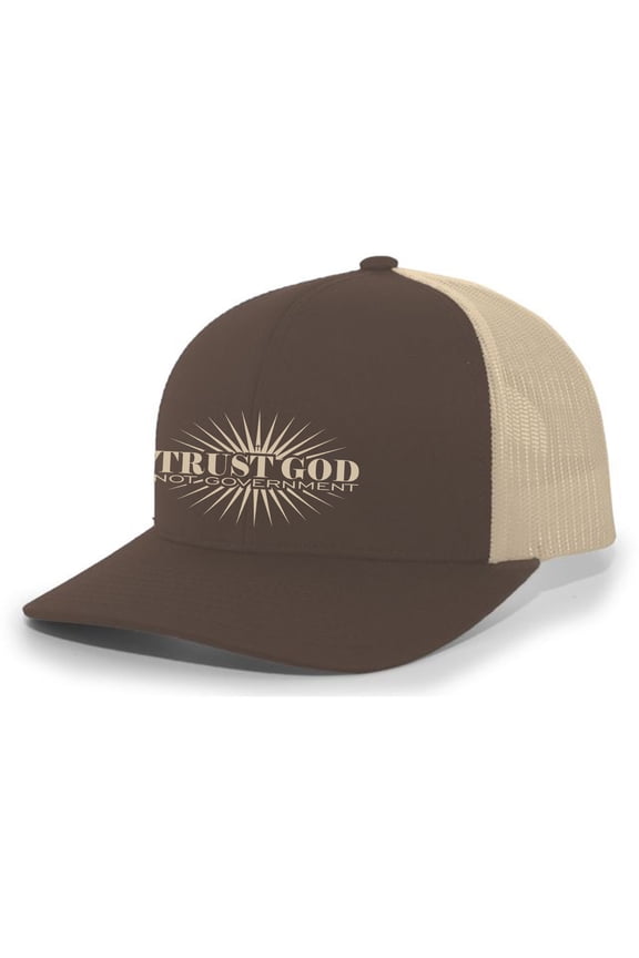Trust God Not Government Christian Mens Hat Embroidered Mesh Back Trucker Baseball Cap, Brown/Khaki