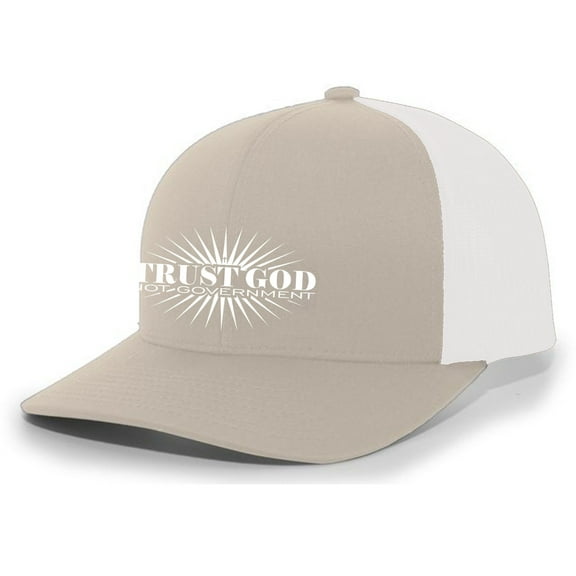 Trust God Not Government Christian Mens Hat Embroidered Mesh Back Trucker Baseball Cap, Khaki/White