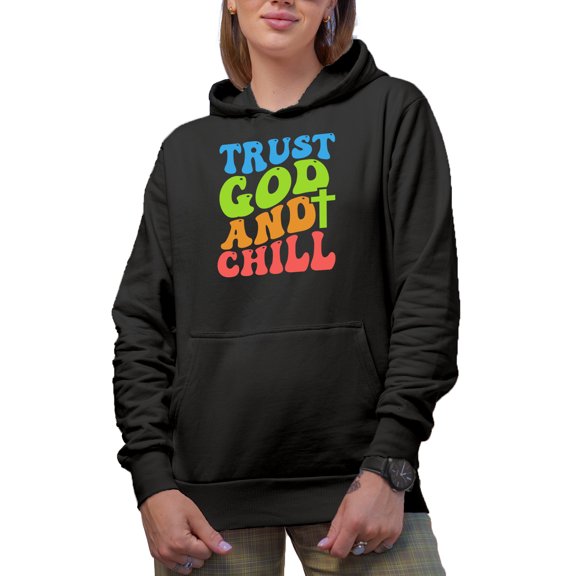 Trust God and Chill, Quote on Trusting God & Resting, Groovy Retro Wavy Text Merch Gift, Black Hooded Sweatshirt or Hoodie, Small