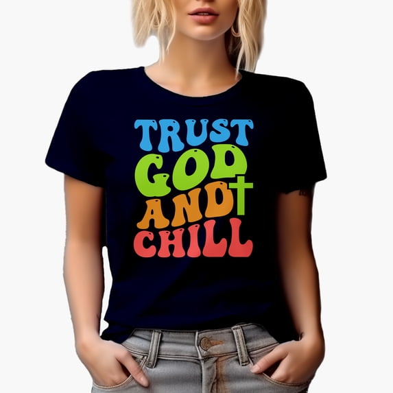 Trust God and Chill, Quote on Trusting God & Resting, Groovy Retro Wavy Text Merch Gift, Navy Blue T-Shirt, Medium