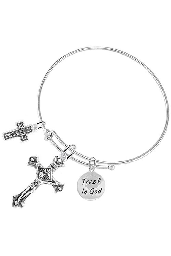 Trust In God "Crucifix" Christian, 3 Charm Adjustable Bracelet Hypoallergenic, Safe-nickel, Lead, Free