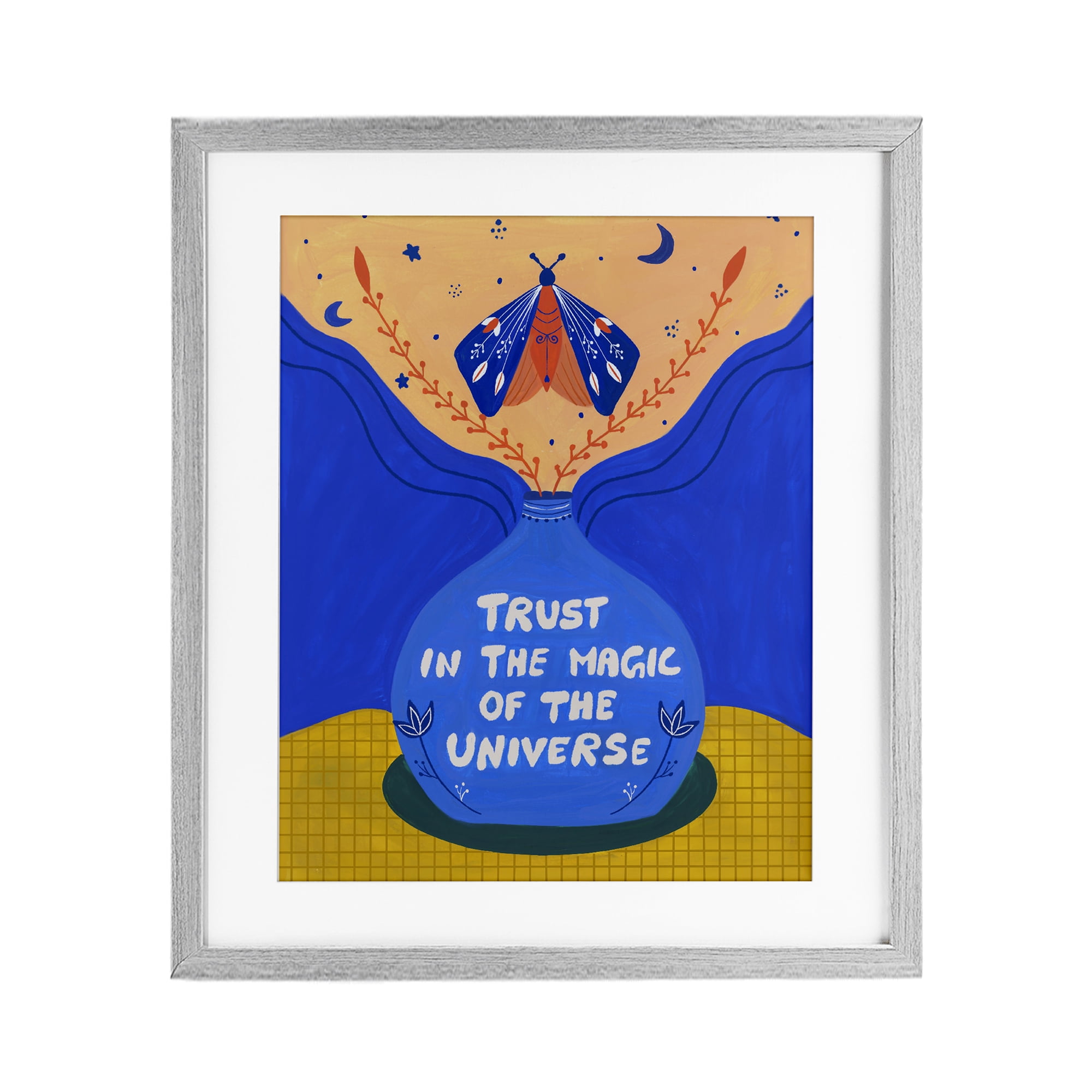 Trust In Magic Of Universe Gray Framed Print Under Glass, design by Nabeela Rumi