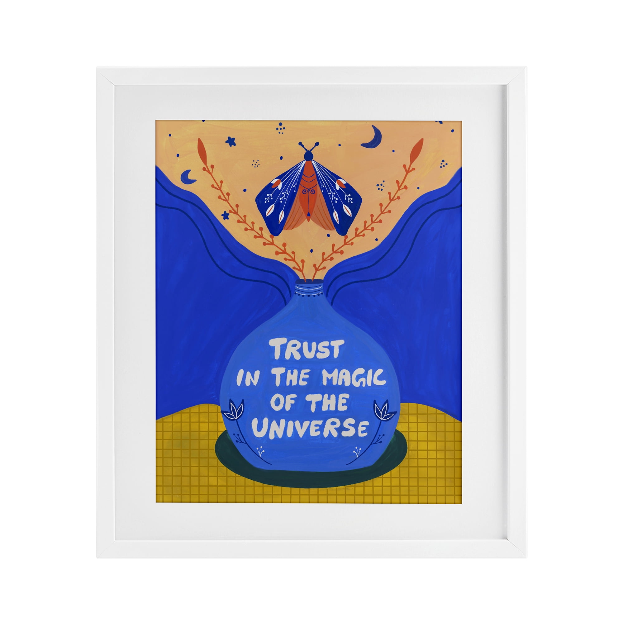 Trust In Magic Of Universe White Framed Print Under Glass, design by Nabeela Rumi