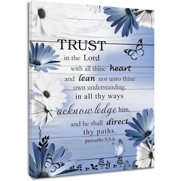 Trust in the Lord Proverbs 3:5-6 Canvas Wall Art - Christian Daisy & Butterfly Floral Wall Decor, Ready to Hang Religious Scripture Prints for Living Room, Bedroom & Home