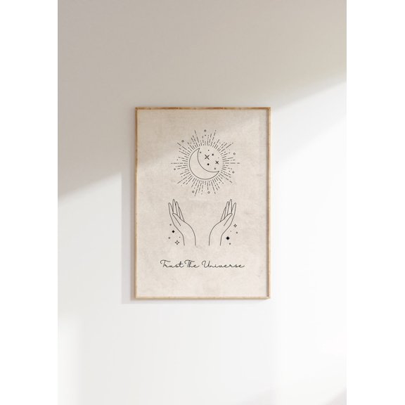 Trust The Universe Spiritual Quote Boho Black Beige One Line Minimalist Art, Unframed Paper Poster 11x14in