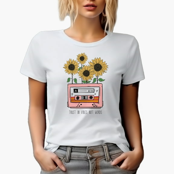 Trust in Vibes Not Words Quote with 90s Retro Cassette Tape & Sunflowers Art Merch Gift, White T-Shirt, Small
