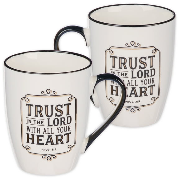 Trust in the Lord Proverbs 3:5 Ceramic Christian Coffee Mug for Women and Men - Black & White w/Gold Inspirational Coffee Cup, 12-Ounce