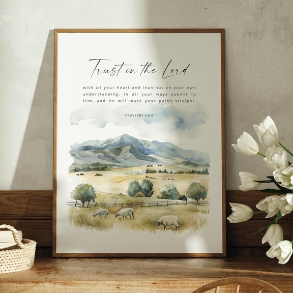 Trust in the Lord With All Your Heart, Proverbs 3:5-6, Bible Verse Print, Christian Wall Art, Scripture Sign, Sheep, Church Poster 8x10 UNFRAMED
