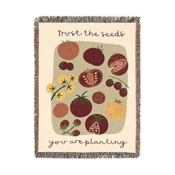 Trust the Seeds Tomato Garden Green and Red Woven Blanket, 100% Cotton, Botanical Home Accent