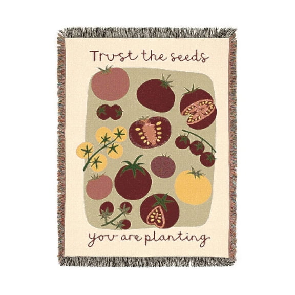 Trust the Seeds Tomato Garden Red and Green Woven Blanket, 100% Cotton, Botanical Style for Home Decor