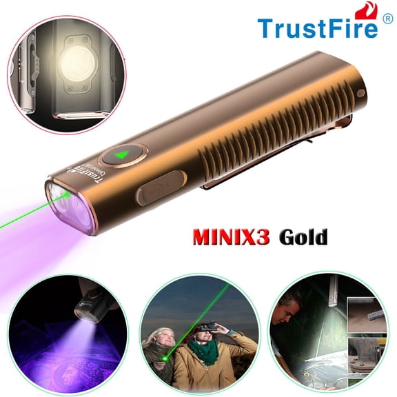 TrustFire MINIX3 4-in-1 EDC Flashlight with UV, Floodlight ,Green Laser US Gold