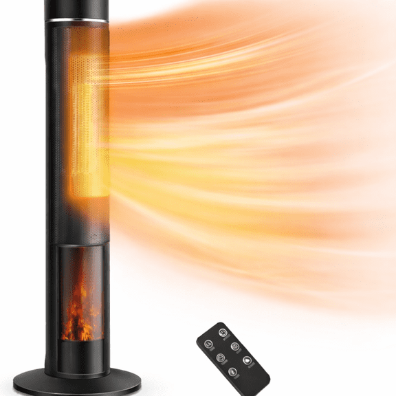 Ecotronic 1500W Electric Tower Space Heater, 36" PTC Ceramic Heater with Thermostat, Realistic Flame Effect, 3 Modes, 60 Oscillation, 12H Timer & Remote Control for Indoor Use