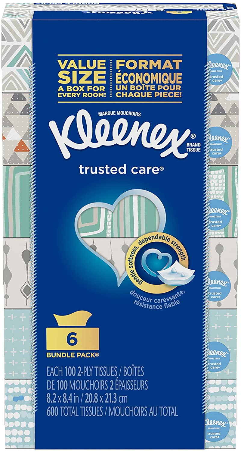 Trusted Care Everyday Facial Tissues, 6 Rectangular Boxes, 100 Tissues per Box (600 Tissues Total)