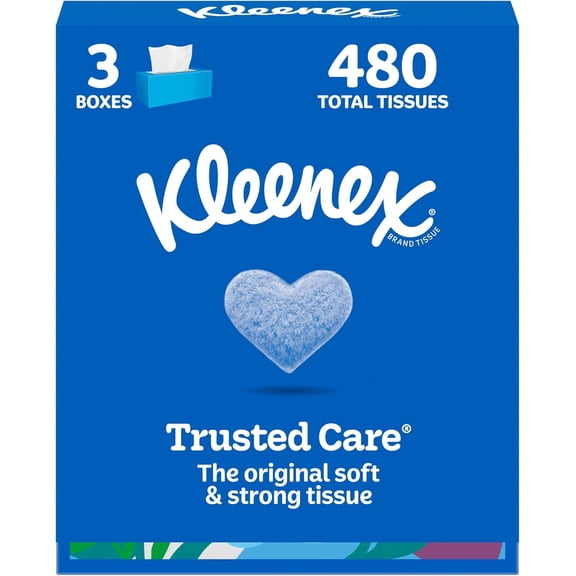 Trusted Care Facial Tissues, 3 Flat Boxes, 160 Tissues per Box, 2-Ply (480 Total), Packaging May Vary