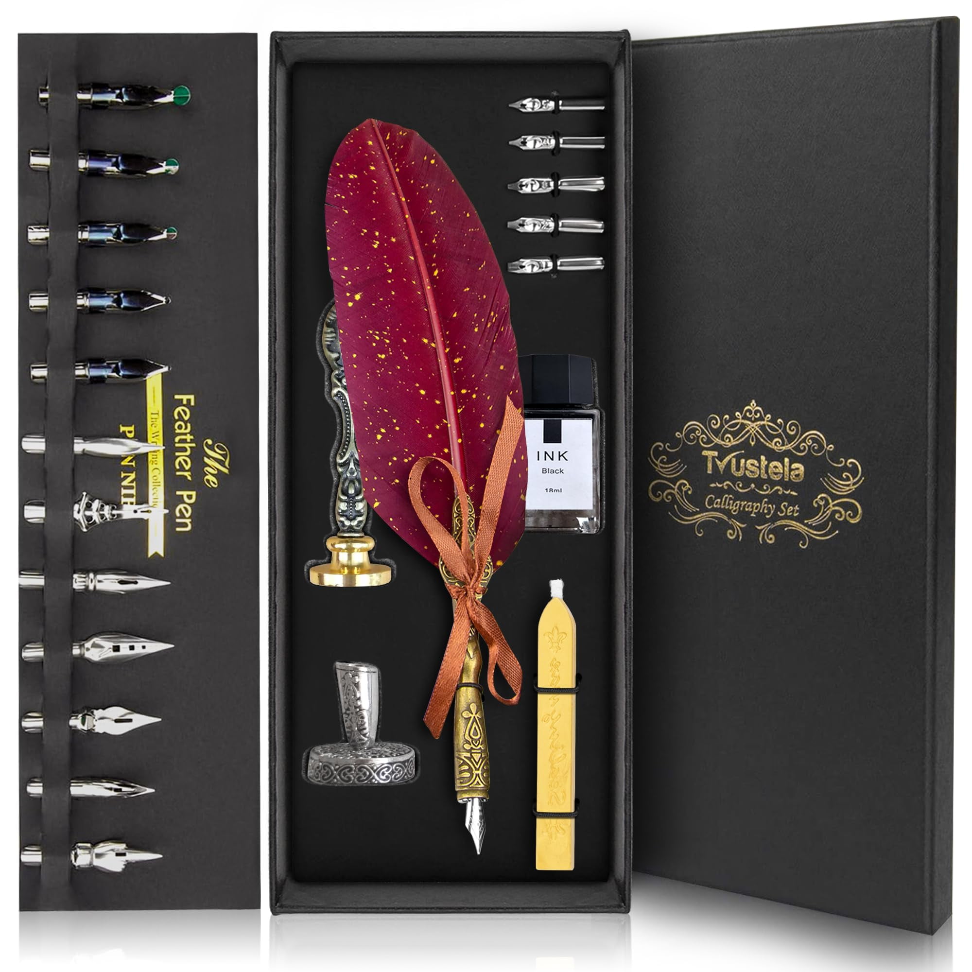 Quill Pen And Ink Calligraphy Set With Leather Notebook & Wax Seal - 19 Piece Writing Kit