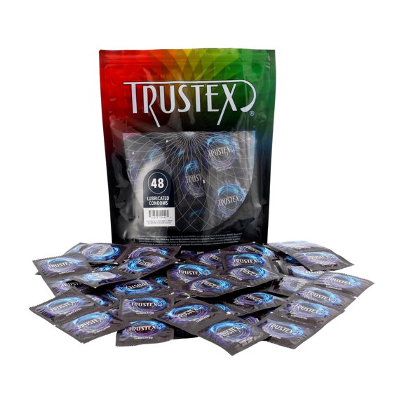 Trustex Lubricated Natural Rubber Latex Condoms, Classic Shape and Fit with Reservoir Tip, Bag of 48