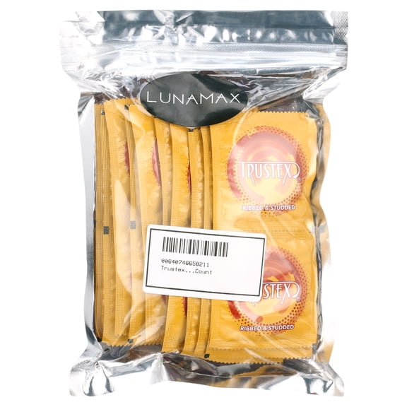 Trustex Ribbed & Studded + Brass Lunamax Pocket Case, Lubricated Latex Condoms-24 Count