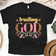 thumbnail image 1 of Trusting God Christian Graphic T-Shirt with Leopard Print Letters, Black, Size 3XL, 1 of 6