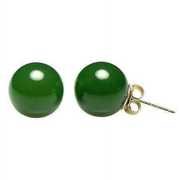 Trustmark 14K Yellow Gold 10mm Natural Nephrite Green Jade Ball Stud Earrings