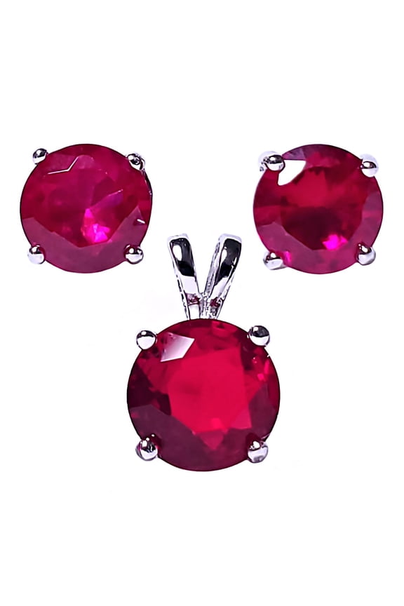 Trustmark Brilliant Cut Simulated Ruby Ice CZ Silver 7mm Pendant and 6mm Earring Set
