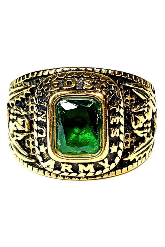 Trustmark Mans Emerald Green US Army Gold Stainless Steel Military Ring Sz 9.0