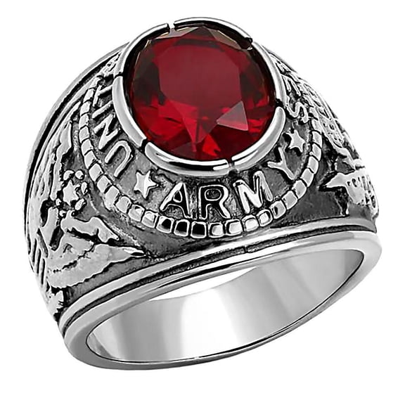 Trustmark Mens 5.0ct Simulated Ruby USA Army Stainless Steel Military Signet Ring, Army sz 10.0