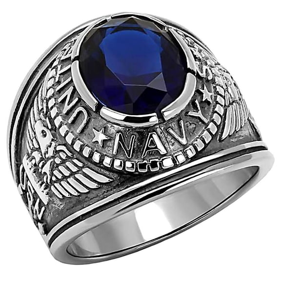 Trustmark Mens 5.0ct Simulated Sapphire USA Navy Stainless Steel Military Signet Ring, Navy sz 8.0