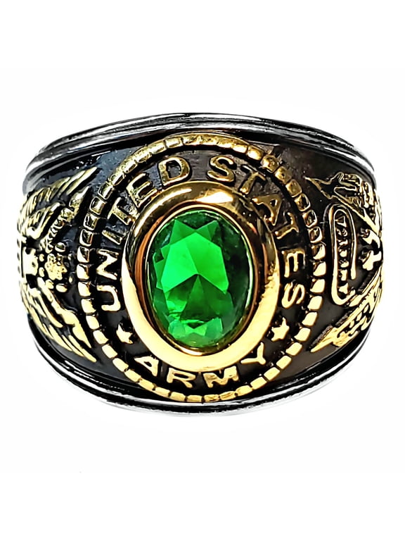 Unisex Simulated Emerald US Army Two-Tone Stainless Steel Military Ring s9.0