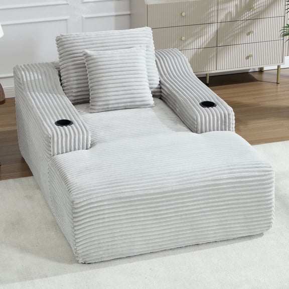 Trustyue 67" Oversized Chaise Lounge Sofa Bed, Corduroy Boneless Sleeper Sofa with 2 Pillows & 2 Cup Holders, Plush Cloud Couch for Living Room, No Assembly Required (Light Gray)