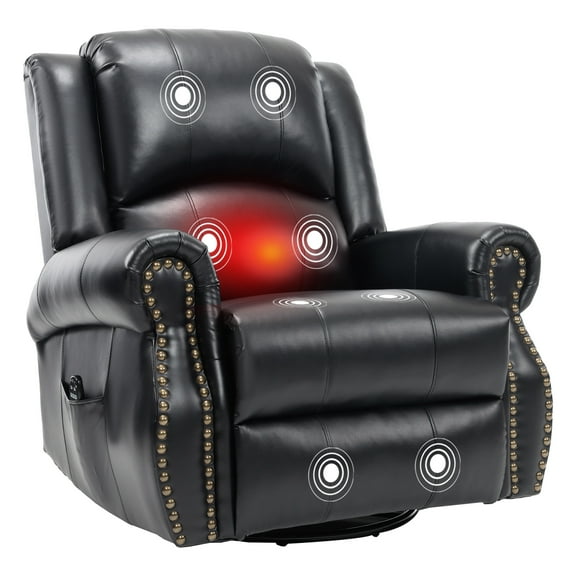 Trustyue Breathable Leather Manual Recliner Chair with Heat Massage, 360° Swivel Rocking Recliner, Oversized Multifunctional Living Room and Nursery Chair (Black)