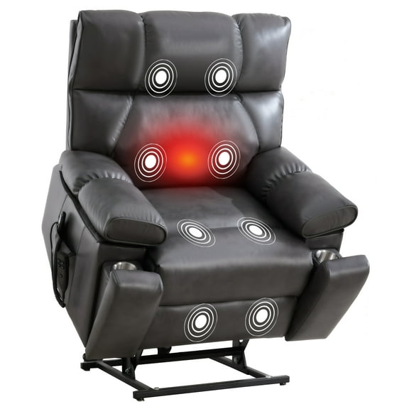 Trustyue Dual Motor Power Lift Recliner Chair for Elderly, Oversized Lay Flat Lift Chair with Heat and Massage, Living Room Chairs for Tall People, Hidden Cup Holders (Breathable Leather, Dark Gray)