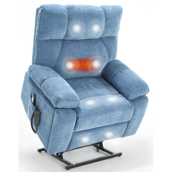 Trustyue Dual Motor Power Lift Recliner Chair for Elderly, Oversized Lay Flat Lift Chair with Heat and Massage, Living Room Chairs for Tall People, Hidden Cup Holders (Chenille, Blue)
