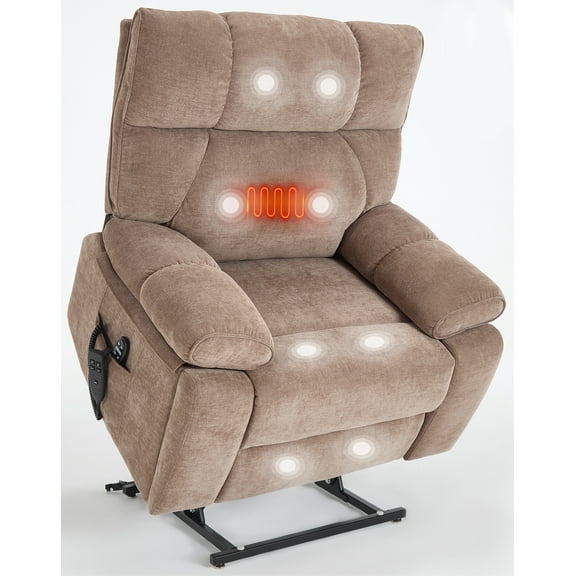 Trustyue Dual Motor Power Lift Recliner Chair for Elderly, Oversized Lay Flat Lift Chair with Heat and Massage, Living Room Chairs for Tall People, Hidden Cup Holders (Chenille, Brown)