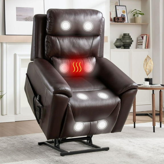 Trustyue Dual Motor Power Lift Recliner Chair with Massage and Heat, Heavy Duty 350lbs, Infinite Positioning Electric Lift Chair for Elderly People (Breathable Leather, Dark Brown)