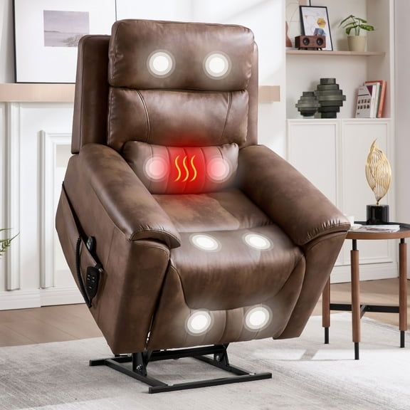 Trustyue Dual Motor Power Lift Recliner Chair with Massage and Heat, Heavy Duty 350lbs, Infinite Positioning Electric Lift Chair for Elderly People (Breathable Leather, Earth Brown)