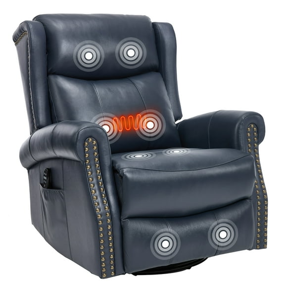 Trustyue Genuine Leather Swivel Rocking Recliner Chair for Adults, 360° Swivel Glider Rocker with Heat & Vibrating Massage, Lounge Chair for Living Room, Bedroom, Nursery (Blue)