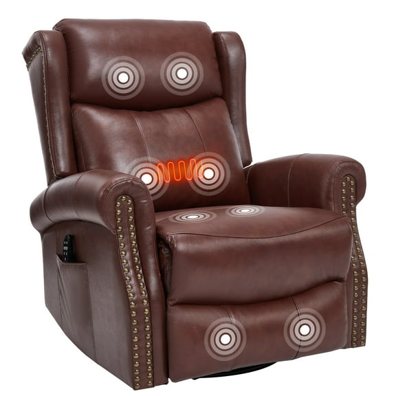 Trustyue Genuine Leather Swivel Rocking Recliner Chair for Adults, 360° Swivel Glider Rocker with Heat & Vibrating Massage, Lounge Chair for Living Room, Bedroom, Nursery (Burgundy Brown)