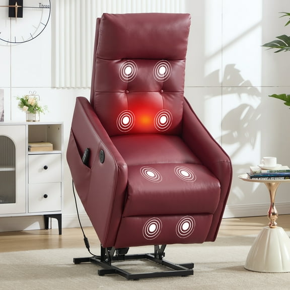 Trustyue Manual Lift Recliner Chair with Massage and Heat for Elderly, Single Motor Electric Lift Chair, Heavy Duty Recliner with USB Charging & Side Pockets (Breathable Leather, Red)