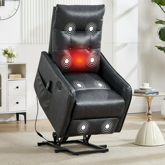 Trustyue Manual Lift Recliner Chair with Massage and Heat for Elderly, Single Motor Electric Lift Chair, Heavy Duty Recliner with USB Charging & Side Pockets (Breathable Leather, Carbon Gray )