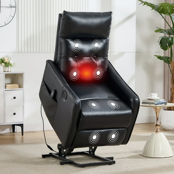 Trustyue Manual Lift Recliner Chair with Massage and Heat for Elderly, Single Motor Electric Lift Chair, Heavy Duty Recliner with USB Charging & Side Pockets (Breathable Leather, Black)