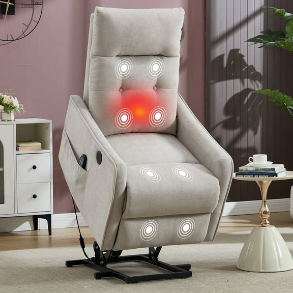 Trustyue Manual Lift Recliner Chair with Massage and Heat for Elderly, Single Motor Electric Lift Chair, Heavy Duty Recliner with USB Charging & Side Pockets (Chenille, Beige)