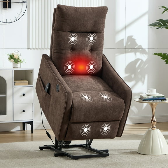 Trustyue Manual Lift Recliner Chair with Massage and Heat for Elderly, Single Motor Electric Lift Chair, Heavy Duty Recliner with USB Charging & Side Pockets (Chenille, Brown)