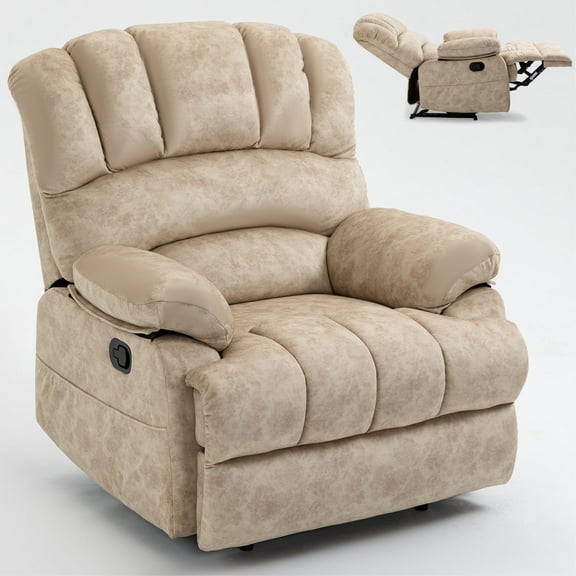 Trustyue Manual Recliner Chair with Footrest, 40" Wide Push Back Recliner Chair with Three Position and Two Side Pockets, Velvet, Beige